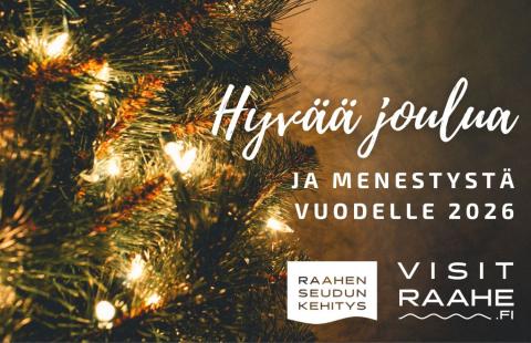 Teksti hyvää joulua ja menestystä vuodelle 2026. Taustalla joulukuusi.