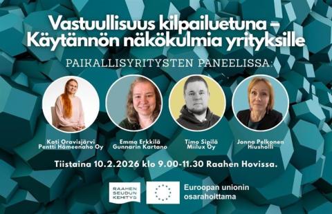 Tilaisuuden nimi ja paneelikeskustelun osallistujien kuvat.