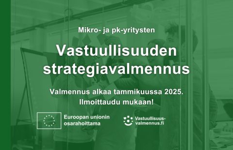 Vastuullisuuden strategiavalmennuksen tiedot vihreällä pohjalla.