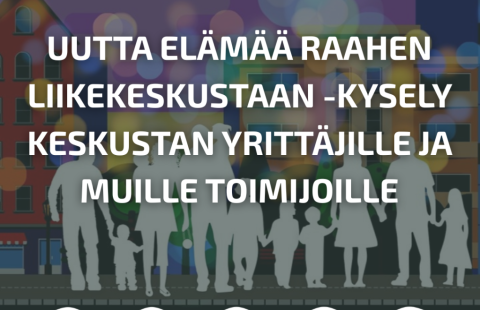 Teksti uutta elämää Raahen liikekeskustaan -kysely keskustan yrittäjille ja muille toimijoille sekä taustalla piirrettyjä ihmishahmoja.