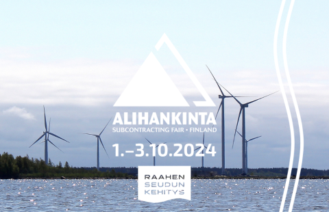 Alihankinta logo ja taustalla tuulimyllyjä merimaisemassa.