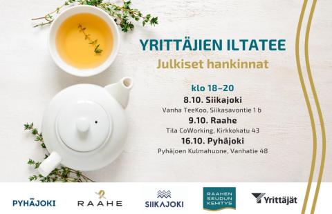 Teekuppi ja -pannu sekä yrittäjien iltateen tiedot ja Raahen seutukunnan logot.