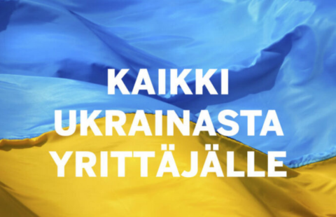 Teksti kaikki Ukrainasta yrittäjälle ja taustalla Ukrainan lippu.