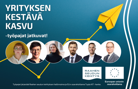 Teksti Yrityksen kestävä kasvu -työpajat jatkuvat sekä kouluttajien kasvokuvat.