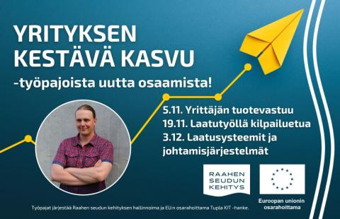 Kouluttajan kuva sekä työpajojen aikataulu ja nimet, sinisellä taustalla keltainen lennokki.