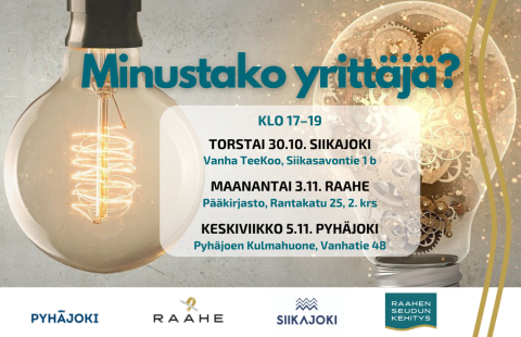 Tilaisuuden nimi, päivämäärät, osoitteet, kuntien logot ja taustalla kaksi sytytettyä lamppua.
