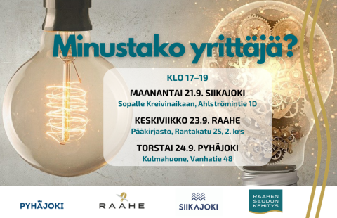 Syksyn 2026 Minustako yrittäjä -tilaisuuksien aikataulu ja seudun logot. Taustalla kaksi sytytettyä hehkulamppua.