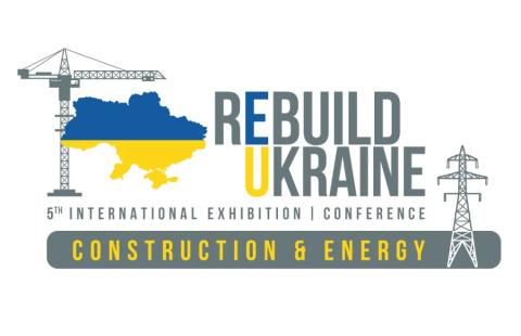 Rebuild Ukraine -messujen logo, jossa nostokurki, sähkömasto ja Ukrainan kartta.