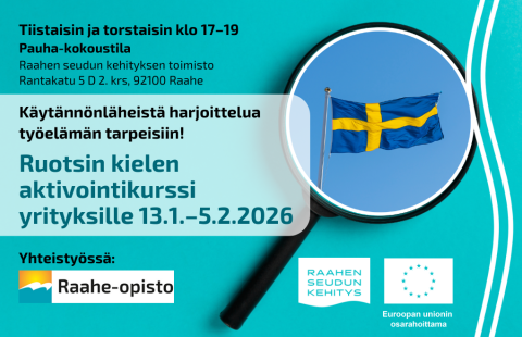 Kurssin tiedot, järjestäjien logot ja taustalla Ruotsin lippu suurennuslasissa. 