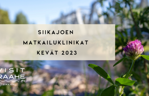 Puna-apila ja teksti Siikajoen matkailuklinikat kevät 2023.