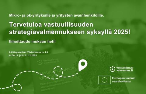 Teksti tervetuloa vastuullisuuden strategiavalmennukseen syksyllä 2025 ja vihreä tausta.