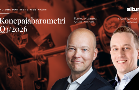 Alture Partnersin webinaarin kansikuva: Konepajabarometri Q3/2026, 17.11.2026, puhujina Tuomo Huhtanen ja Mikko Nyman