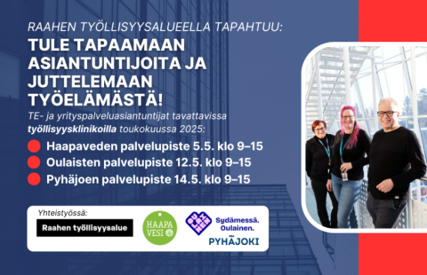 Tapahtuman tiedot, osallistujien logot ja valokuva työllisyysalueen asiantuntijoista.