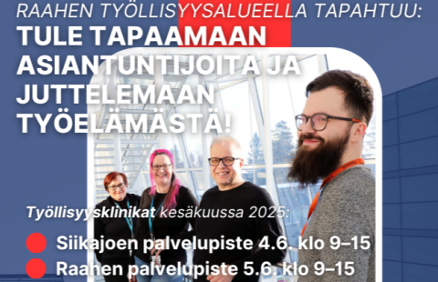 Teksti tule tapaamaan asiantuntijoita ja juttelemaan työelämästä sekä kuvassa neljä hymyilevää ihmistä.