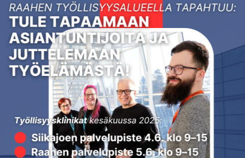 Teksti tule tapaamaan asiantuntijoita ja juttelemaan työelämästä sekä kuvassa neljä hymyilevää ihmistä.