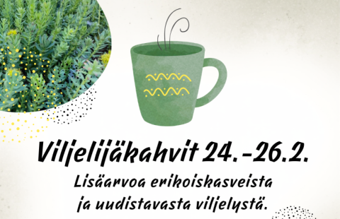 Tilaisuuden tiedot, järjestäjän logot ja piirros kahvikupista.