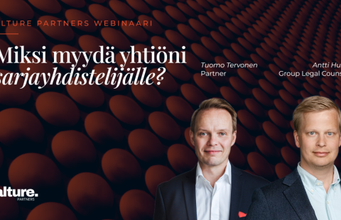 Alture Partnersin webinaarin kansikuva: Miksi myydä yhtiöni sarjayhdistelijälle?, 21.10.2026, puhujina Tuomo Tervonen ja Antti Husa