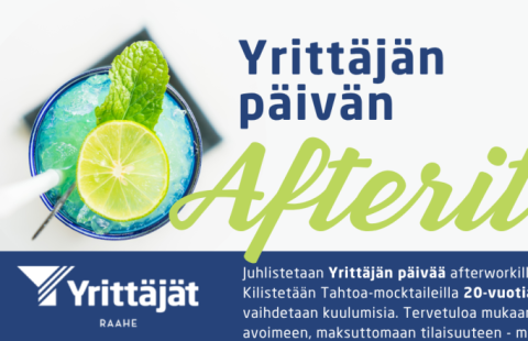 Tapahtuman tiedot ja kuvituksessa drinkki sitruunaviipaleella.