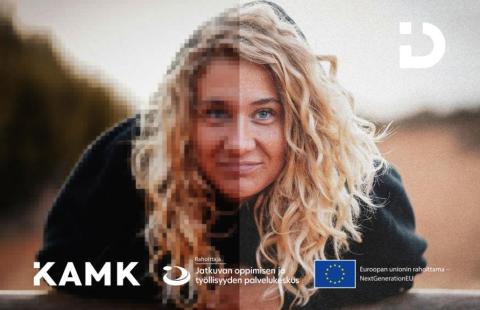 Puoliksi pikselöitynyt ja puoliksi tarkkarajainen ihminen. Ditta-hankkeen, Kamkin, Jatkuvan oppimisen ja työllisyydenpalvelukeskuksen ja EU NextGeneration -logot.