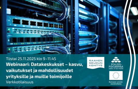 Tapahtuman tiedot ja taustalla lähikuva konesalista.