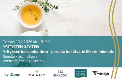 Tilaisuuden tiedot, kuntien logot ja taustalla teekuppi ja -pannu.