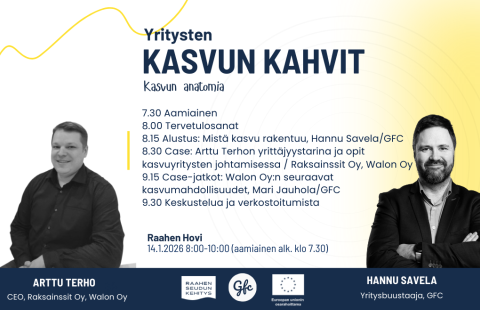 Tilaisuuden ohjelma sekä valokuvissa Arttu Terho ja Hannu Savela.