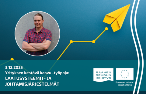 Kouluttajan kuva ja työpajan tiedot, taustalla keltainen lennokki.