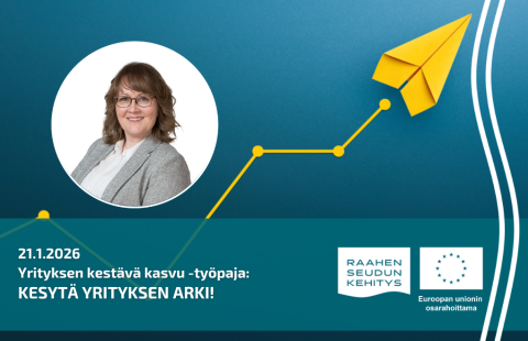 Kouluttajan kuva ja työpajan tiedot, taustalla keltainen lennokki.