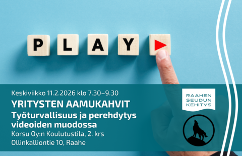 Tilaisuuden tiedot ja sinisellä taustalla sana play. 