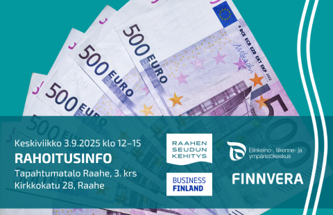 Tapahtuman tiedot, järjestäjien logot ja taustalla viidensadan euron seteleitä viuhkassa.