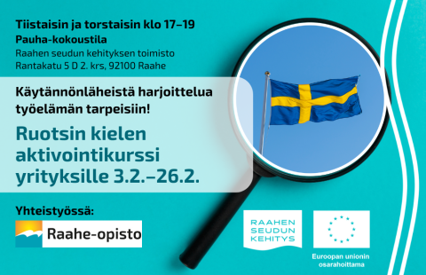 Kielikurssin tiedot, järjestäjien logot ja taustalla Ruotsin lippu suurennuslasissa.