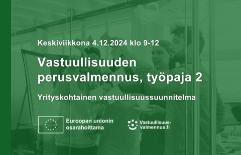 Työpajan tiedot ja vihreällä taustalla neljä henkilöä järjestämässä post-it -lappuja seinälle.