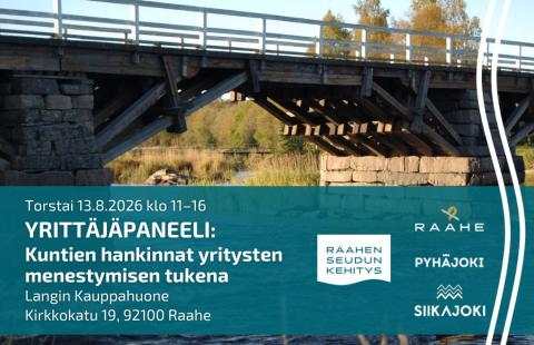 Tilaisuuden tiedot, kuntien logot ja taustalla Pyhäjoen kivisilta.