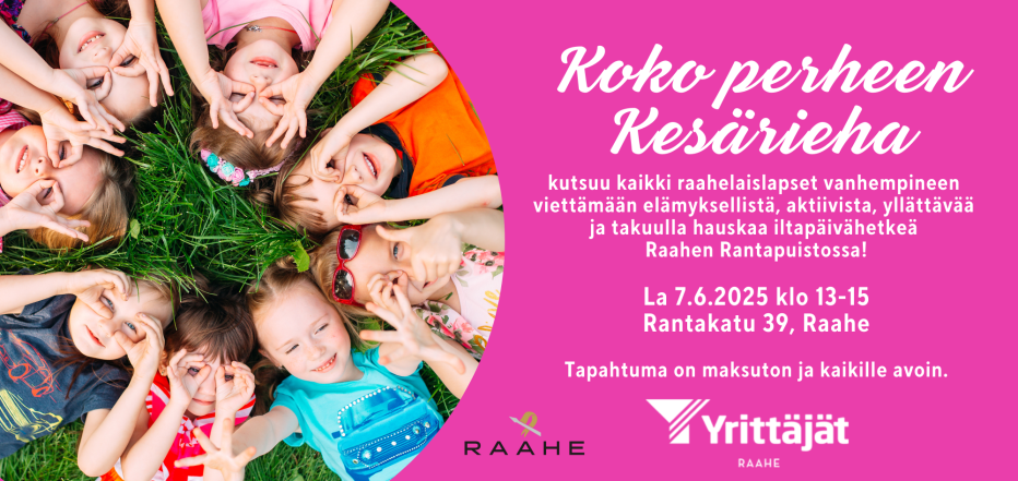 Tapahtuman tiedot ja kuvassa lapsia makaamassa nurmikolla.