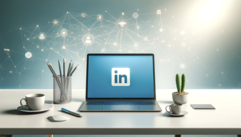 Avoin läppäri, jonka ruudulla LinkedInin logo.
