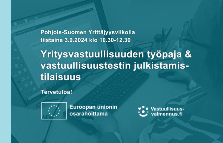 Tekstinä tapahtuman nimi ja sinisellä taustalla henkilö tietokoneen ääressä.