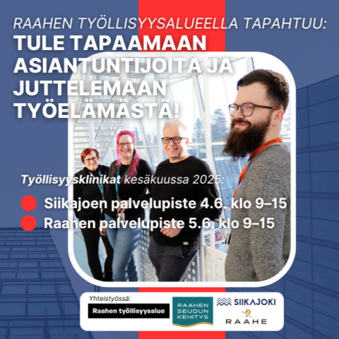 Teksti tule tapaamaan asiantuntijoita ja juttelemaan työelämästä sekä kuvassa neljä hymyilevää ihmistä.