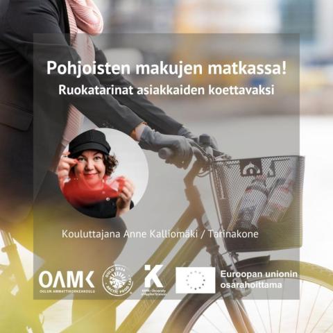 Kouluttajan kuva, tapahtuman nimi ja taustalla henkilö ajamassa polkupyörällä.