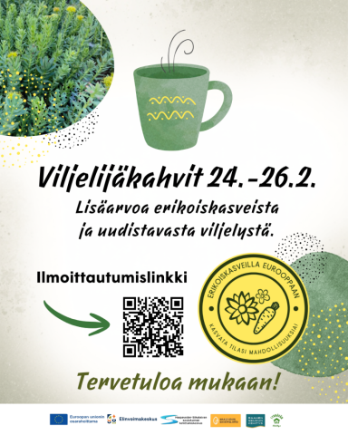 Tilaisuuden tiedot, järjestäjän logot ja piirros kahvikupista.