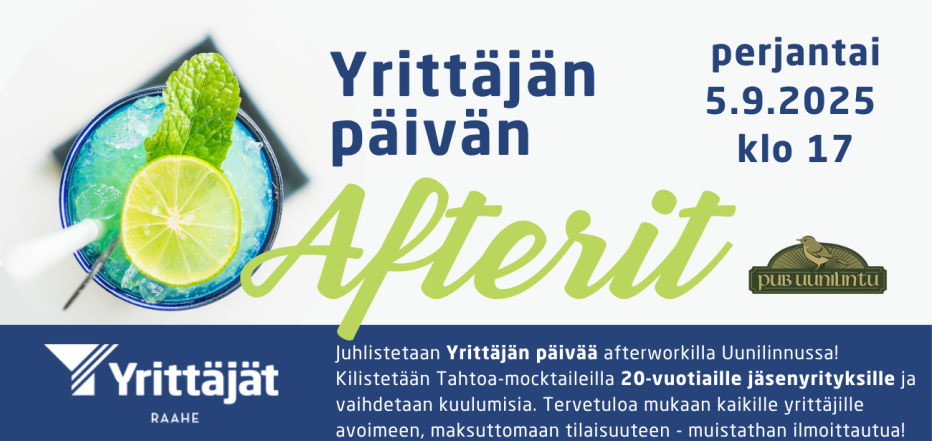 Tapahtuman tiedot ja kuvituksessa drinkki sitruunaviipaleella.