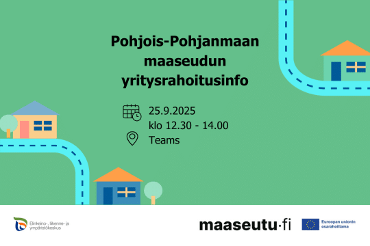 Kuva: Maaseutuverkosto Piirroskuva taloista ja teistä vihreällä taustalla ja tekstinä tapahtuman tiedot.