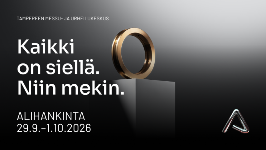 Alihankinta-messujen mainos. Teksti Kaikki on siellä, niin mekin ja tapahtuman ajankohta. Taustalla kultainen rengas korokkeella.