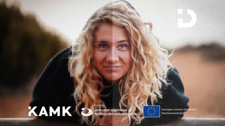 DITTA-hankkeen info, jossa esitellään maksuttomia digi- ja tekoälykoulutuksia Puoliksi pikselöitynyt ja puoliksi tarkkarajainen ihminen. Ditta-hankkeen, Kamkin, Jatkuvan oppimisen ja työllisyydenpalvelukeskuksen ja EU NextGeneration -logot.