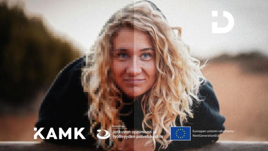 Puoliksi pikselöitynyt ja puoliksi tarkkarajainen ihminen. Ditta-hankkeen, Kamkin, Jatkuvan oppimisen ja työllisyydenpalvelukeskuksen ja EU NextGeneration -logot.