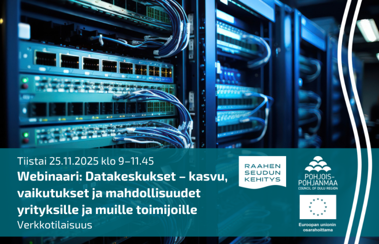 Tapahtuman tiedot ja taustalla lähikuva konesalista.