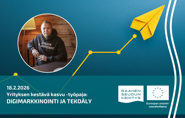 Kouluttajan kuva ja työpajan tiedot, taustalla keltainen lennokki.