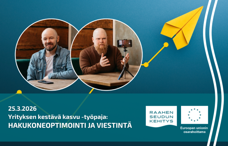 Kouluttajien kuvat ja työpajan tiedot, taustalla keltainen lennokki.