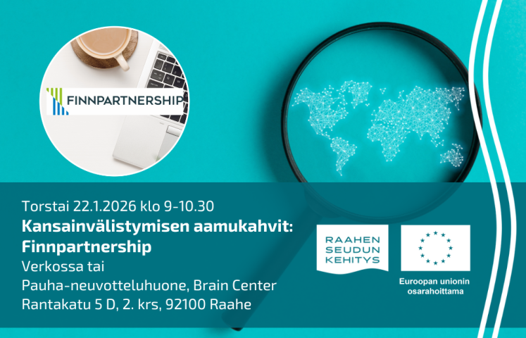 Tapahtuman tiedot ja Finnpartnershipin logo, taustalla suurennuslasi jossa maailmankartta.
