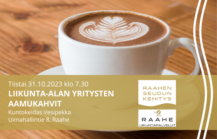 Kahvikuppi puisella pöydällä ja tapahtumatiedot.