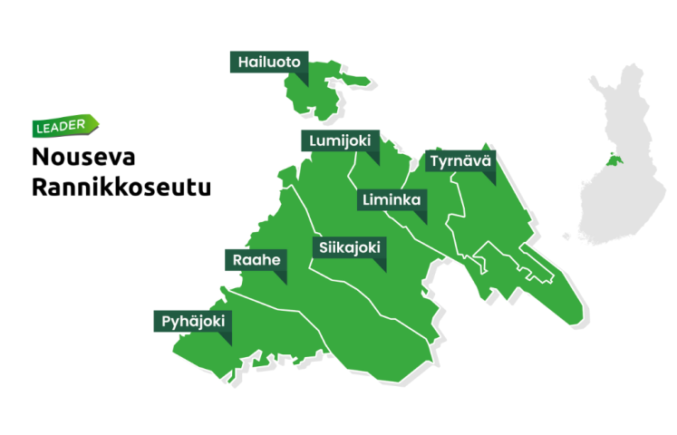 Nousevan Rannikkoseudun logo ja karttakuva toiminta-alueesta.